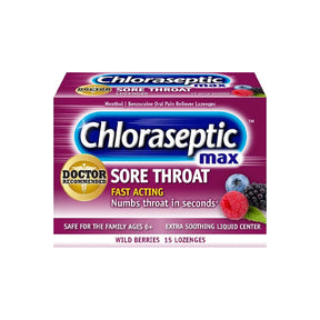 Chloraseptic Max sore throat lozenges box, wild berries flavor, 15 count, pain relief.