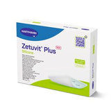 Box of Hartmann Zetuvit Plus Silicone medical wound dressings on white background