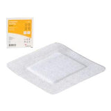 Square adhesive medical dressing pad with product packaging, sterile wound care supply