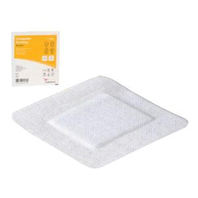Square adhesive medical dressing pad with product packaging, sterile wound care supply