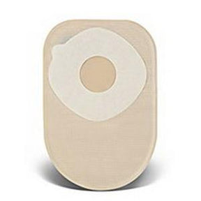 Beige ostomy pouch with round adhesive barrier for medical supply home delivery