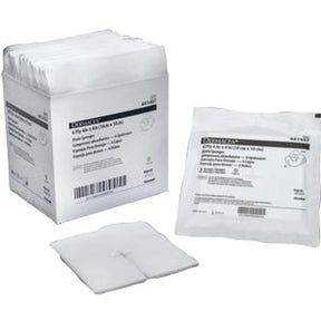 Sterile 4-ply gauze sponges in open box, sealed package, and single pads for wound care