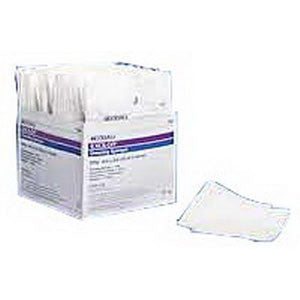 Box of sterile gauze pads for wound care and medical use, with a few pads displayed outside the box.