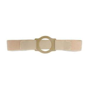 Beige medical ostomy belt with circular plastic support for stoma bag security