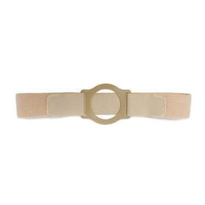 Beige medical ostomy belt with circular plastic support for stoma bag security