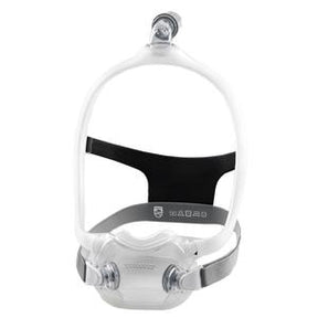 Full face CPAP mask with clear frame, grey headgear, and top connection for sleep apnea