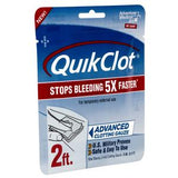 QuikClot clotting gauze package for rapid bleeding control, 2 feet, emergency medical supply.