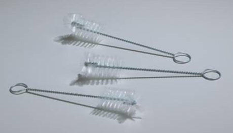 Three small wire cleaning brushes with clear bristles on a white background