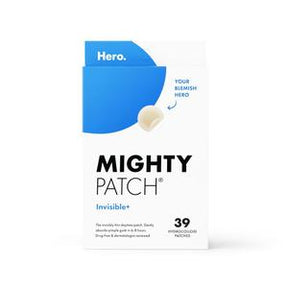 Mighty Patch Invisible+ acne patch box with 39 hydrocolloid patches, white background