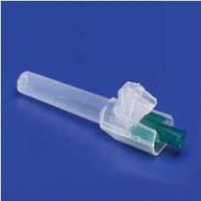Sterile medical needle with plastic safety cap on a blue background