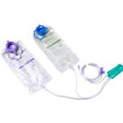 Dual medical collection bags with tubes and blue-purplish connectors for home medical care