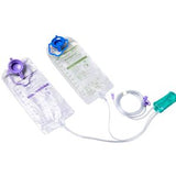 Dual medical collection bags with tubes and blue-purplish connectors for home medical care