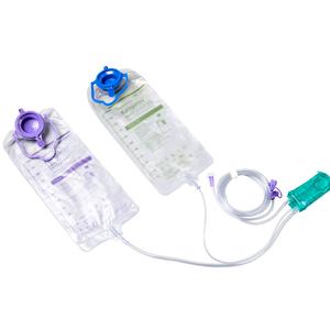 Dual medical collection bags with tubes and blue-purplish connectors for home medical care