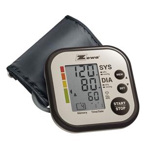 Digital blood pressure monitor with cuff and LCD screen displaying readings