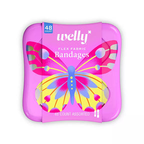 Welly flex fabric bandages assorted 48 count in pink butterfly tin packaging