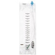 Sterile medical urine drainage bag with clear volume markings and blue cap