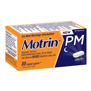 Motrin PM caplets box with nighttime pain relief and sleep aid, 80 coated tablets