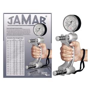 Hand holding a Jamar hydraulic hand dynamometer with grip strength gauge and reference chart