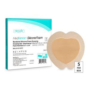 Silicone foam bordered wound dressing in heart shape with product box, 5 per box