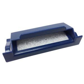 Blue rectangular medical supply filter with metal mesh surface on white background