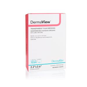 DermaView transparent film dressing box, sterile medical adhesive bandage, 2.2 x 2.6 inch size