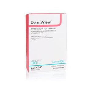 DermaView transparent film dressing box, sterile medical adhesive bandage, 2.2 x 2.6 inch size