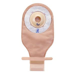 beige ostomy pouch with adhesive barrier for medical stoma care, isolated on white background