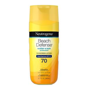Neutrogena Beach Defense sunscreen lotion SPF 70 yellow bottle, sun protection product