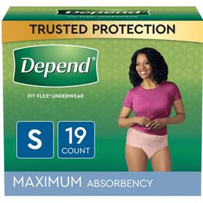 Depend Fit-Flex Underwear for women, small size, 19-count, maximum absorbency, product package