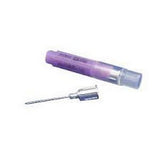 Purple-capped safety hypodermic needle with protective cover, isolated on white background