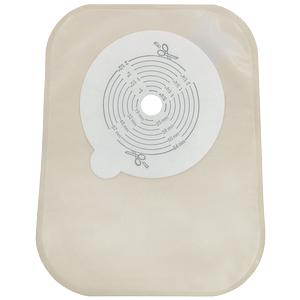 Beige ostomy bag with adhesive barrier and cut-to-fit measurement guide for medical use