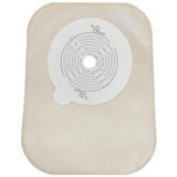 Beige ostomy bag with adhesive barrier and cut-to-fit measurement guide for medical use
