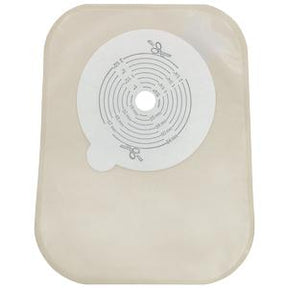 Beige ostomy bag with adhesive barrier and cut-to-fit measurement guide for medical use
