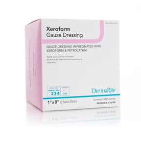 Xeroform gauze dressing box for wound care, showing product size and branding on packaging