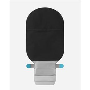 Black ostomy bag with blue tabs, medical pouch for stoma care on white background