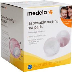 Box of Medela disposable nursing bra pads for breastfeeding with 60 count label.