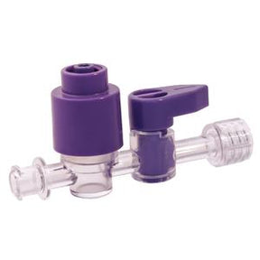 Purple medical IV stopcock with clear connectors for infusion therapy
