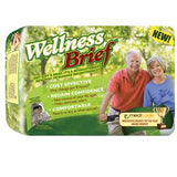 Wellness Brief adult incontinence product packaging with smiling seniors in a green outdoor setting.