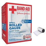 Small rolled gauze bandage in red box, wound care medical supply, sterile roll visible