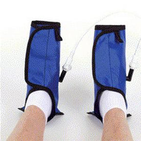 blue medical compression leg wraps with tubing for home therapy