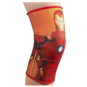 Compression knee sleeve with red superhero design worn on a person's leg