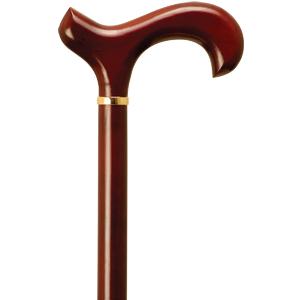 Wooden walking cane with curved handle and gold accent, mobility aid for seniors