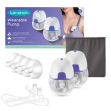 Wearable breast pump set with accessories, charging cable, and storage bag