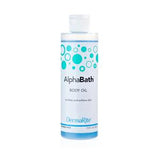AlphaBath body oil bottle with blue bubble design for moisturizing and soothing skin