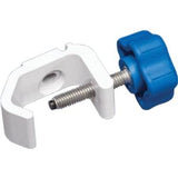 White clamp with blue adjustment knob, metal screw, medical equipment accessory