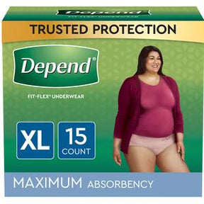 Depend Fit-Flex XL maximum absorbency underwear 15 count box with woman modeling product