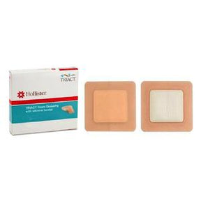 Hollister TRIACT foam adhesive dressings for wound care, box and two bandages displayed