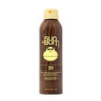 Sun Bum SPF 30 spray sunscreen bottle with yellow cap and wood-grain design
