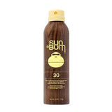 Sun Bum SPF 30 spray sunscreen bottle with yellow cap and wood-grain design
