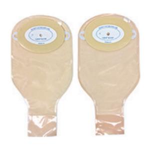Two beige ostomy bags with adhesive barriers for medical stoma care
